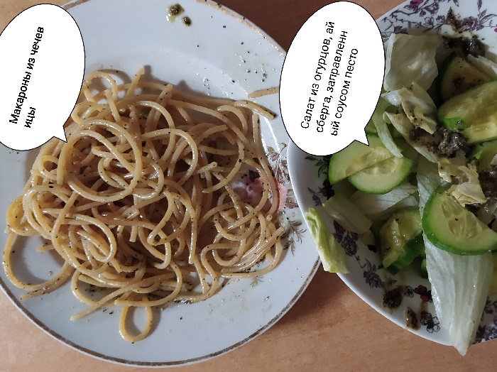 Макароны из чечевицы с салатом